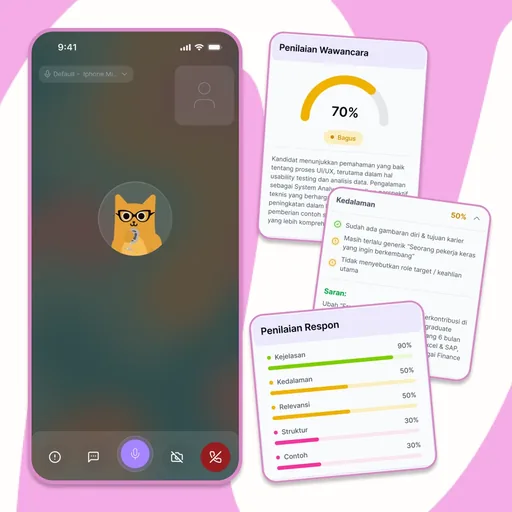 Contoh latihan interview bersama AI dan feedback untuk kejelasan, kedalaman, serta struktur jawaban.